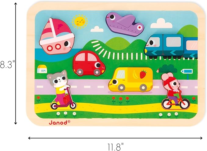 Janod - Vehicles Chunky Puzzle 7 Pieces - Motor Skills Development - Enhances Motor Skills - Promotes Imagination, Safe Quality Materials - French Design Excellence
