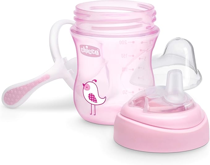 Chicco Transition Sippy Cup with Silicone Spout and Spill-Free Lid 7oz. | Calibration Markings | Removable Handles | Top-Rack Dishwasher Safe | Easy to Hold with Ergonomic Indents | Pink | 4+ months