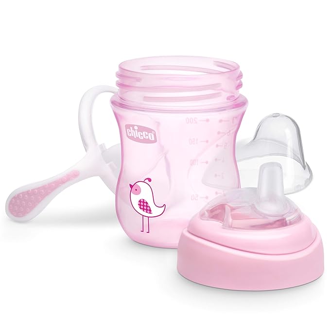 Chicco 7oz. Transition Sippy Cup with Silicone Spout and Spill-Free Lid | Calibration Markings | Removable Handles | Top-Rack Dishwasher Safe | Easy to Hold with Ergonomic Indents | Pink| 4+ Months