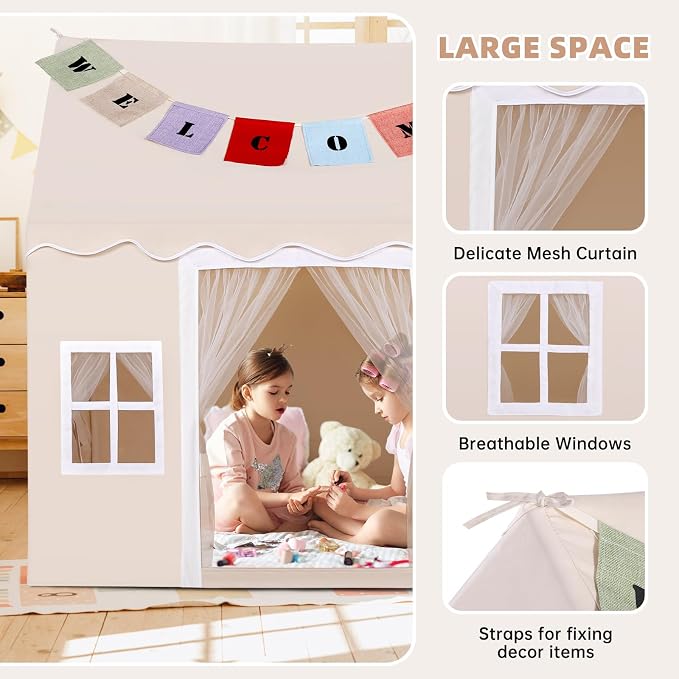 Kids Tent with Mat,Play House for Kids Indoor Outdoor,Play Tent Princess Fort Castle Playhouse for Girls Boys (Beige(Wave))