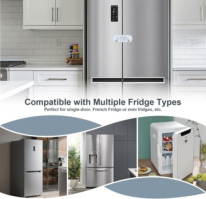 Fridge Lock for Kids, Child Proof Cabinet Locks, Refrigerator Lock with 3M Adhesive, Freezer Locks with Dual-Sided Opening Design, No Drill No Screw, More Security for Baby/Pets (4 Pack)