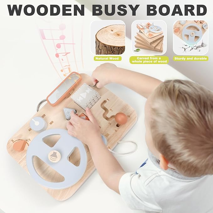 Vanplay Montessori Busy Board for Toddlers - Wooden Montessori Toys, Aesthetic Sensory Activity for Fine Motor Skills, Travel Busy Board Educational Sensory Toys for Boys and Girls