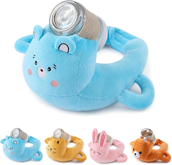 New Bottle Holder Pillow Plush for Self Feeding, Hands Free Feeding Nursing Assistant, Ergonomic Support Cushion, Soft Animal Cover Protector, Machine Washable (Blue Bear)