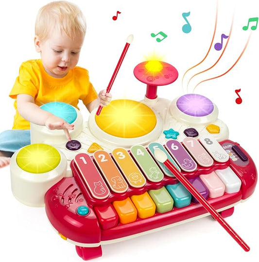Marstone Baby Toys for 1 Year Old Girl Birthday Gifts: 5 in 1 Boy Musical Set for Toddler 1-2, Educational Learning Toys 12-18 Months with Piano, Xylophone, Whack a Mole, Drum Set, Sound and Music