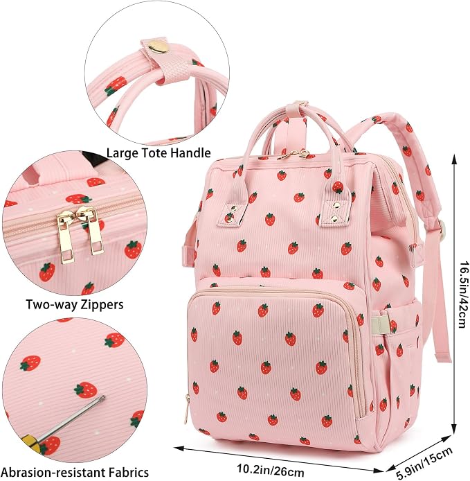Corduroy Diaper Bag Backpack for Baby Girls Boys, Women Large Nappy Bags for Mom (Pink Corduroy Strawberry)