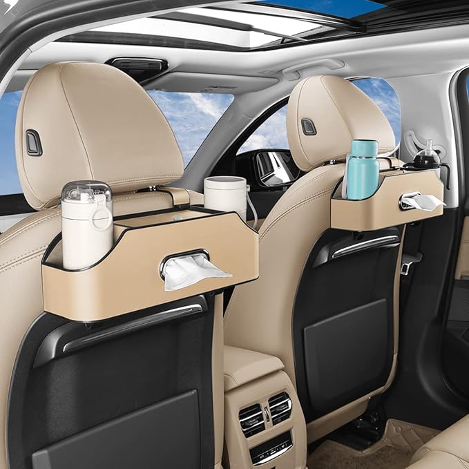 HOLDCY Car Back Seat Organizer with 2 Drink Cup Holder - Tissue Box and Storage Box Hook - Multi-functional Storage - Great for Kids and Travel (Beige)