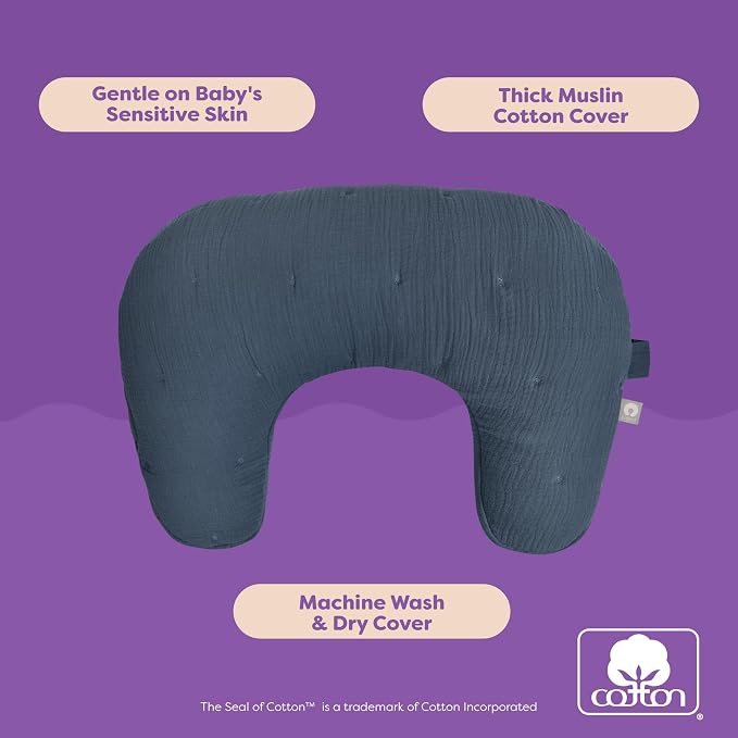 Boppy Nursing Pillow Luxe - Ergonomic Bottle & Breastfeeding Pillow with High Lift & Firm Support - Water-Resistant with Washable Cotton Muslin Cover - Baby Safety Alliance Verified - Slate Blue