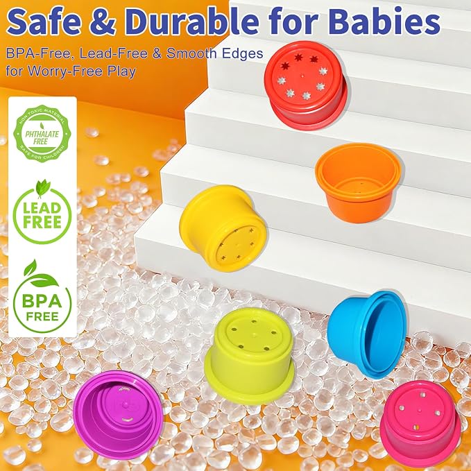 WEEJOYGAM Stacking Cups Baby Toys 6 to 12 months, Nesting Stacking Toys for Toddlers 1-3, Learning Montessori Toys for 1 Year Old Boy Girl Gifts, Sensory Color Sorting Bath Pool Beach Stackable Blocks