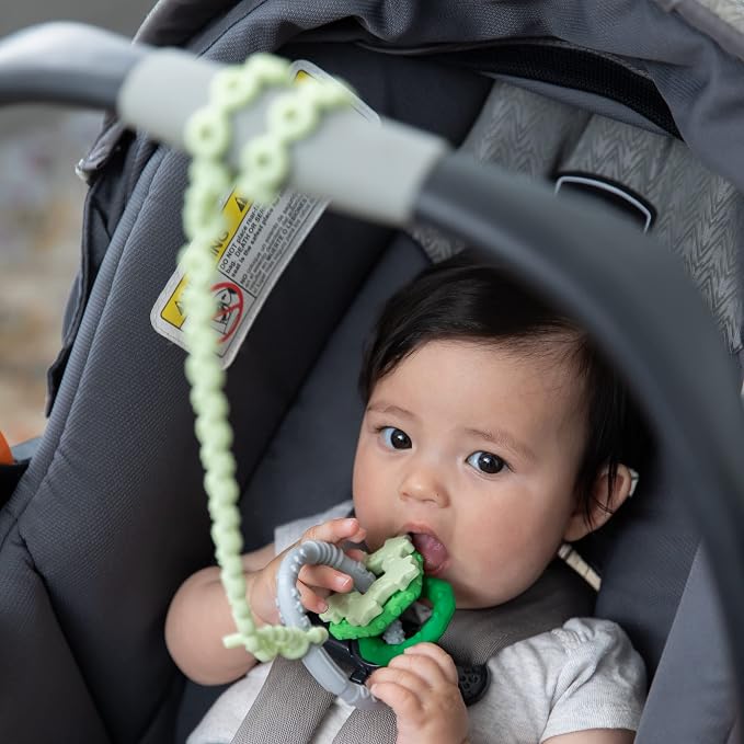 Bumkins Pacifier Clip Feeding Supplies for Baby Girl or Boy, Toy Straps for Sippy Cup, Teether, Stroller Accessories, Platinum Silicone Accessory Tether Leash, Safe for Teething Babies, Sage Green