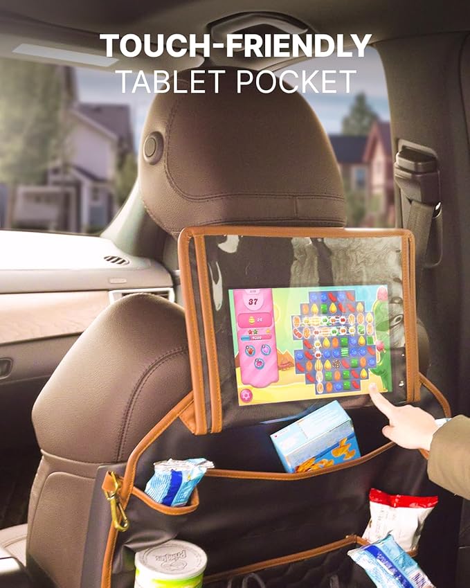 Owleys Back of Seat Organizer for Kids | Car Storage Caddy ??8 Pockets + Transparent Tablet Holder | Waterproof Eco-Leather | 27.5' x 18.5' | Brown+Black