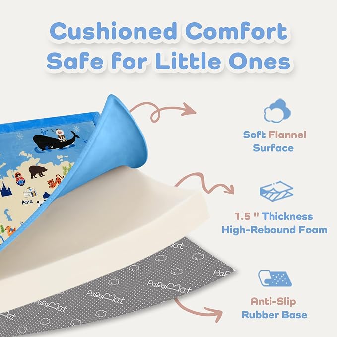 1.5" Thick Educational Large Baby Floor Play Mat 79x118, Flannel Padded Memory Foam Kids Mat, Non-Slip Plush Playmat for Nursery Playroom Classroom (World map)