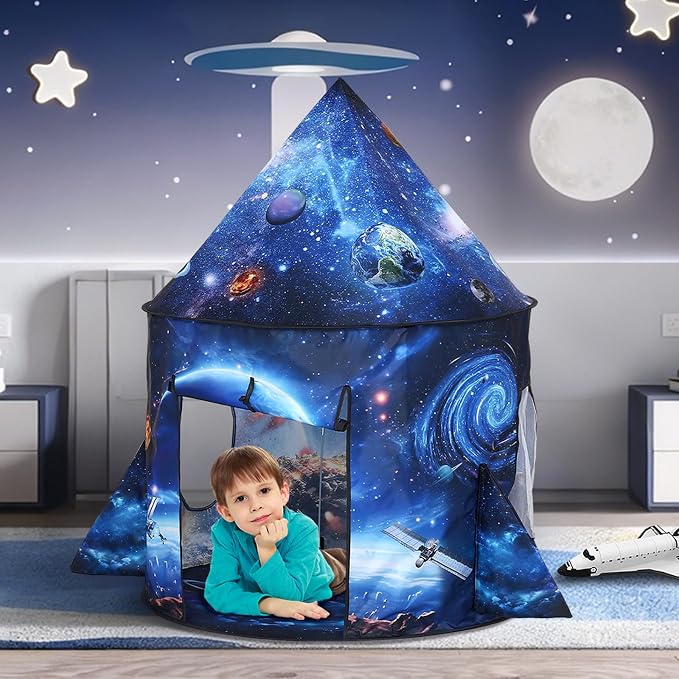 Rocket Ship Play Tent Kids Play Tents Cute Space Tent Indoor Outdoor Spaceship with Wing (Galaxy)
