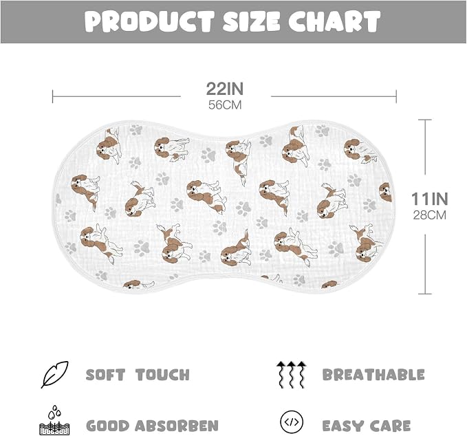 1 Pack Muslin Burp Cloths Cavalier Dogs Paw White Cotton Baby Burp Cloths Ultra Soft Burping Cloth Absorbent Spit Up Rags for Newborn Must Haves 22x11 Inch