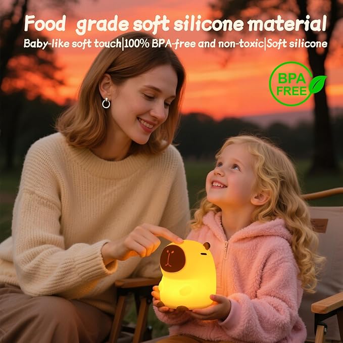 Rytinazzz Silicone Night Light for Kids, 50H Long Battery Capybara Lamp, Gift for Kids, Rechargeable Tap Control, Soft Dimmable Nursery Light
