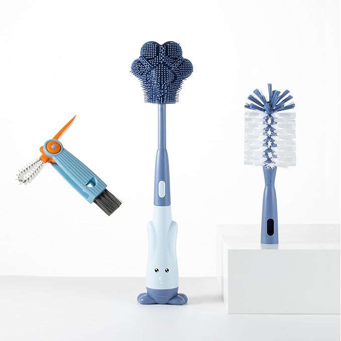 Chemimoso Cup Cleaning Brush, Silicone Baby Bottle Brush with Stand, Large Handle Water Bottle Brush Cleaner Set, with a Tiny Cup Lid Gap Cleaning Brushes Kit, Pawprint, Blue