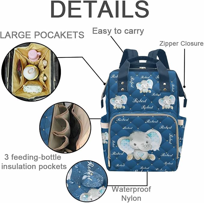 M YESCUSTOM Diaper Bag with Multi Name Custom Baby Bags with Animal Personalized Waterproof Large Capacity Travel Daypack Blue