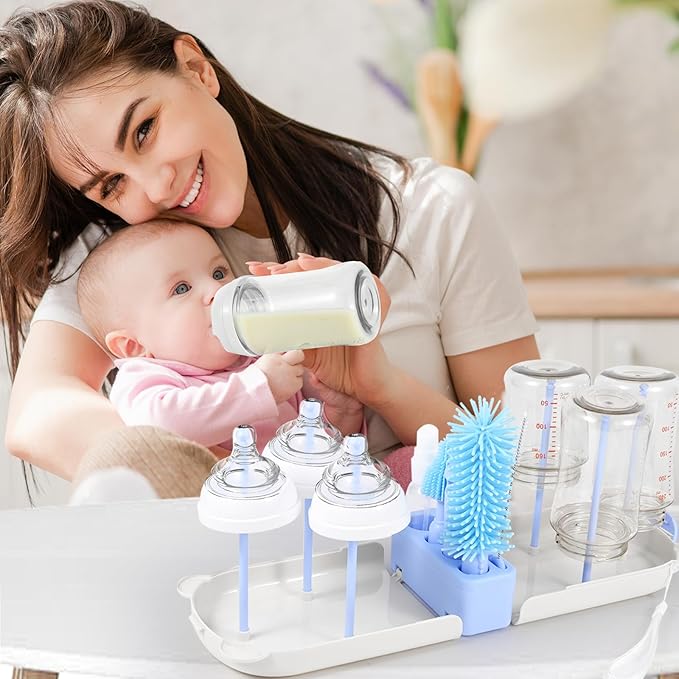 Travel Baby Bottle Cleaner Kitï¼?-in-1 Baby Bottle Brush Set for Travel and Home, All-in-One Baby Bottle Washing Kit: Integrated Cleaning & Drying System for Bottles and Breast Pump Parts (Blue)