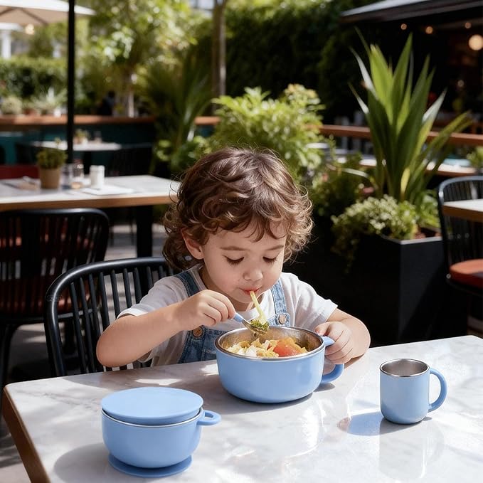 Bakpoco Kids Dinnerware Set - 6 Piese Toddler Plates and Suction Bowls Set with Kids Utensils&Cup, 2 IN 1 Stainless Steel & Silicone Baby Self Feeding Supplies, Lilac& Blush&Sage