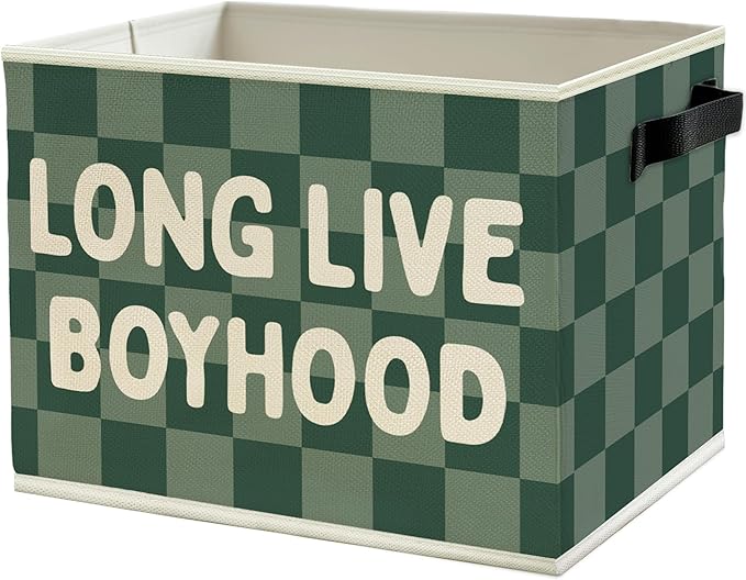 Long Live Boyhood Boys Storage Bins Box with Handles, Green Checkered Pattern Collapsible Basket Organizer for Kids Boy Nursery Room Bedroom Bathroom Playroom Toys Books Clothes
