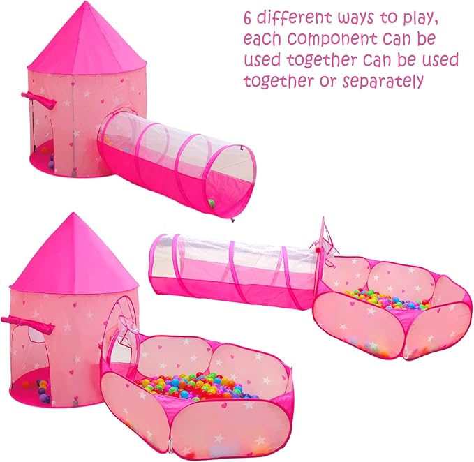 3PC Princess Tent for Girls with Kids Ball Pit, Kids Play Tents and Crawl Tunnel for Toddlers, Pink Pop Up Playhouse Toys for Baby Indoor& Outdoor Tent Games (Pink Tent with Stars 3pc)
