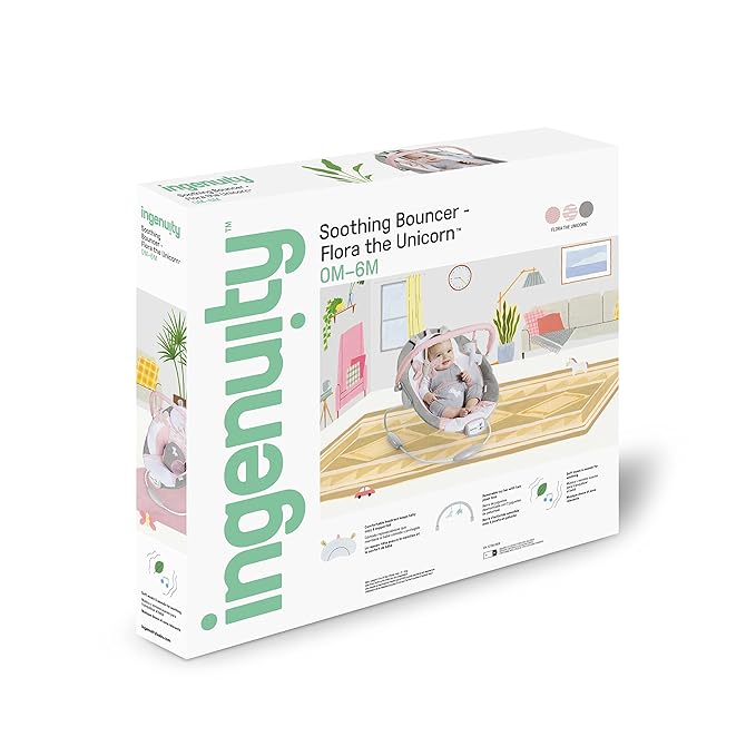 Ingenuity Soothing Baby Bouncer Infant Seat with Vibrations, -Toy Bar & Sounds, 0-6 Months Up to 20 lbs (Pink Flora the Unicorn)