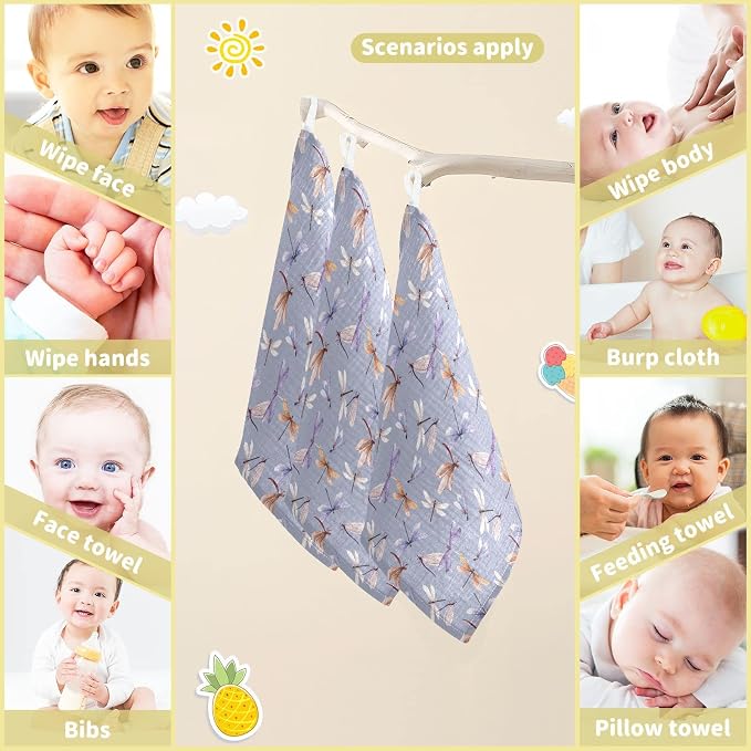 Baby Washcloths Cotton Dragonfly Baby Muslin Washcloths Soft Baby Face Towel for Newborn Infants Baby Wipes, 11.8 X 11.8 Inch, 5 Pack Lilac