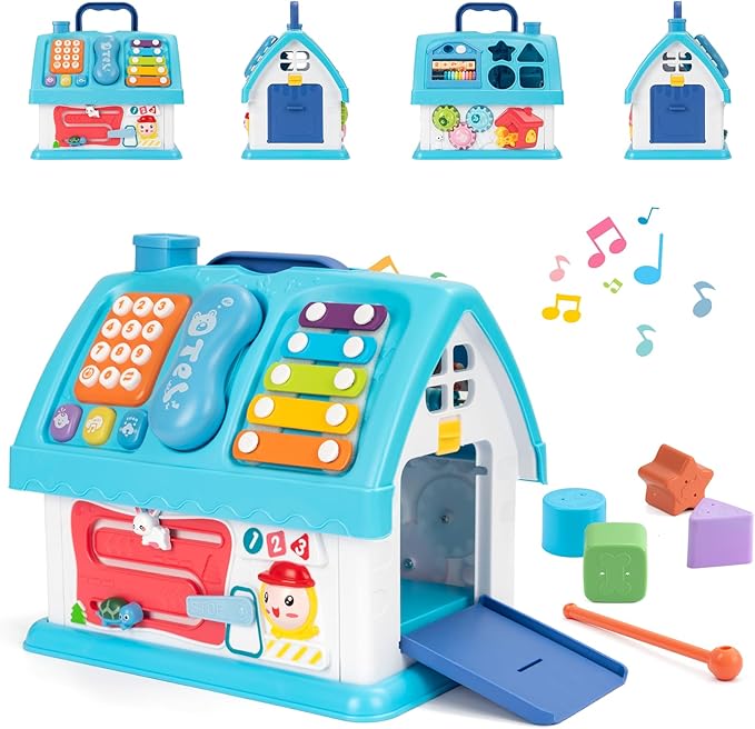 Montessori Toys for 1 Year Old, Baby Music Toys for 1 Year Old Girl Gift, 12-in-1 Musical House Toddler Learning Toy for 1 2 3 Ages, First Birthday Gifts for Girls and Boys, Educational Toy, (Blue)