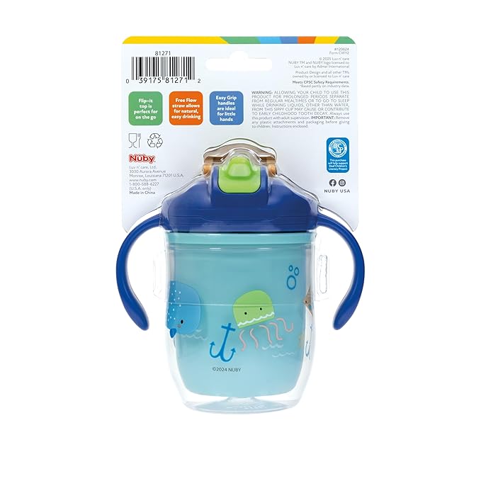 Nuby 2-in-1 Insulated Toddler Cup with 360° Weighted Straw & Hard Spout - 7 oz - Leak-Resistant with Easy Grip Handles - 4+ Months - Submarine