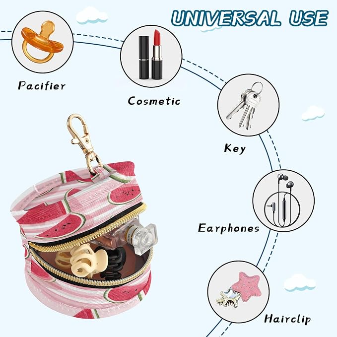 Pacifier Holder with Clip Pacifier Case for Diaper Bag Round Baby Pacifier Pouch Box Bag Portable Pink and White Striped Juicy Watermelon Slices