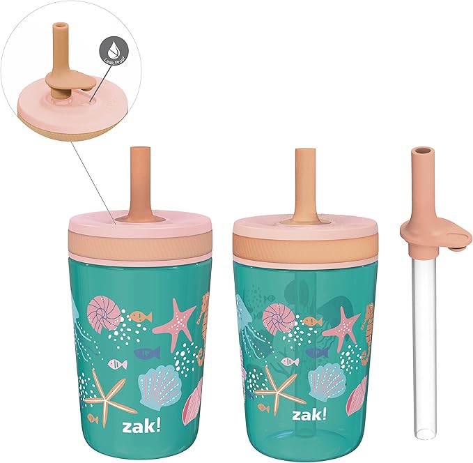 Zak Designs Shells Kelso Tumbler Set, Leak-Proof Screw-On Lid with Straw, Bundle for Kids Includes Plastic and Stainless Steel Cups with Bonus Sipper (3pc Set, Non-BPA)
