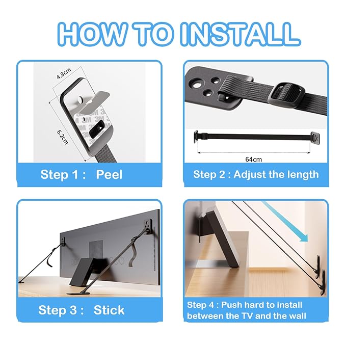 Yeya TV Safety Straps Long, No-Drill Anti-Tip Furniture Anchors for Flat Screen, Adjustable Wall Mount Straps from 1.5" to 25" Black 4 Pack | Long, Anti-Tip Furniture Anchors, For Flat Screen, Adjustable Wall Mount Straps, 1.5" to 25"