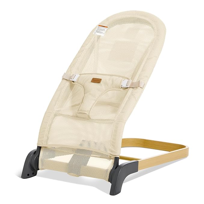 Foldable Baby Bouncer, Baby Bouncer Seat with 3 Adjustable Heights, Portable Newborn Rocker, Ergonomic Bouncer Seat for Natural Bounce, Bouncer for Babies 0-6 Months, Breathable Mesh (Mesh Beige)