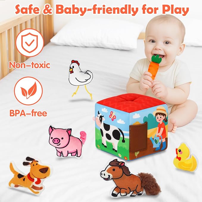 Avesa Baby Toys 6-12 Months - Soft Sensory Box Infant Toy with Stuffed Animals, Rattle, Crinkle Paper, Mirror - 6 Month Old Must Haves Boy Girl Babies Birthday for 1 Year Old Learning Toys
