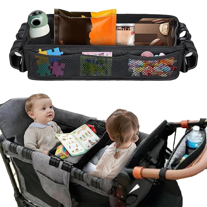 Stroller Snack Tray Compatible with Wonderfold Wagon, Thickened Waterproof Faux Leather Wagon Accessories, Comes with Cup Holder and Storage Net Bag Universal Stroller (（W4 Series Thickenedï¼?