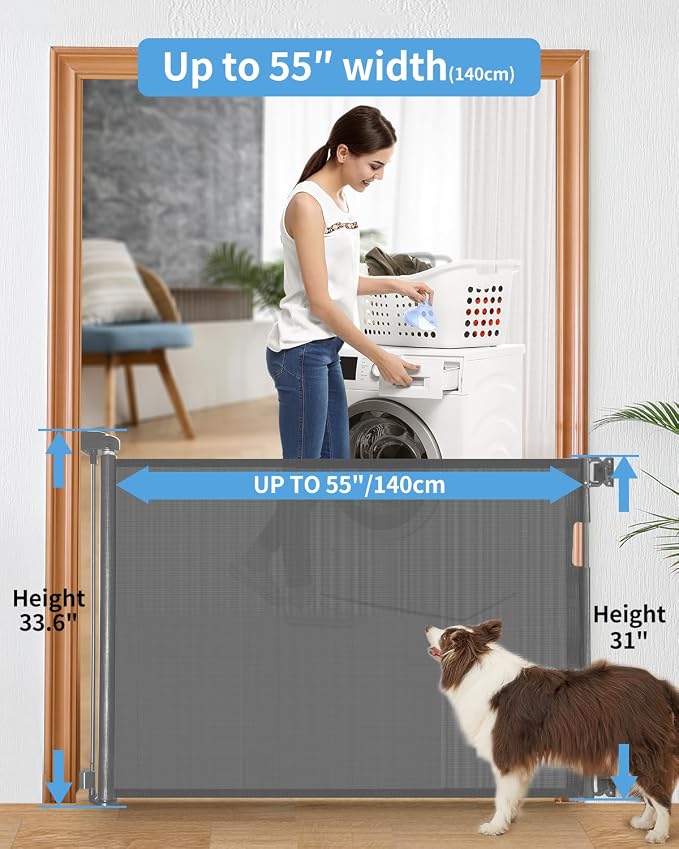 2-Pack Retractable Baby Gate for Stairs-33”Height, Expands up to 55”Width-Safety Gate for Infants, Toddlers, Dogs & Pets-Easy Install, Secure Closure, Gray Mesh Design for Indoor & Outdoor Use