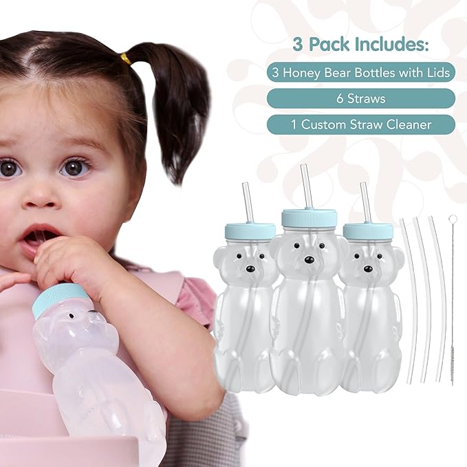 The 730 Project Honey Bear Straw Cup for Babies, 8-oz Honey Bear Cup with Lid, 3-Pack Therapy Learning Honeybear Straw, Baby Bottle Set, Blizzard AQUA