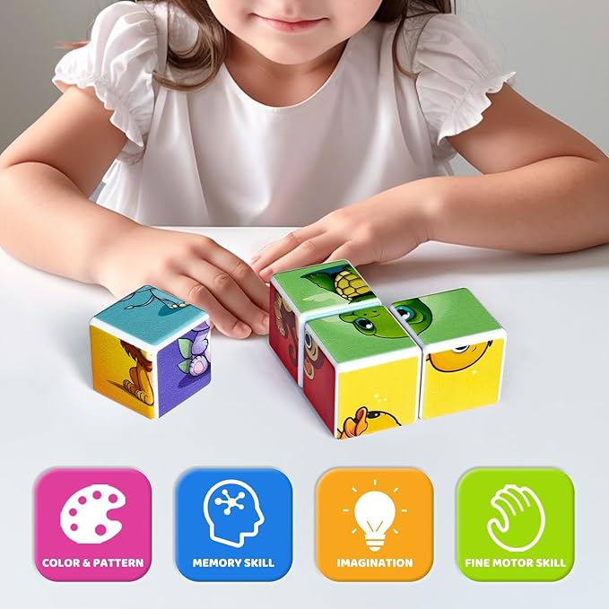 Pairez Toys 3D Magnetic Cubic Jigsaw Puzzle Toys for Toddlers, Large Building Blocks Cubes 1.65 Inches, Integrated with Magnets, 6 Patterns in Animal Theme