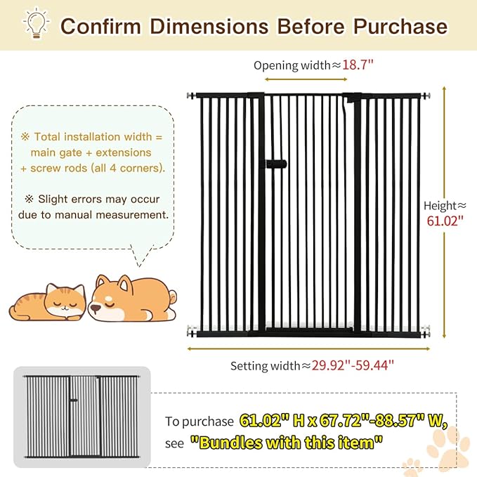 Lumizone Extra Tall Cat Gate 61.02" High Pressure Mounted 29.92"-59.44" Extra Wide 1.37" Gap No Drilling Auto-Close One-Handed Operation Tall Pet Gate for Dogs(Black, 61.02" H x 29.92"-59.44" W)