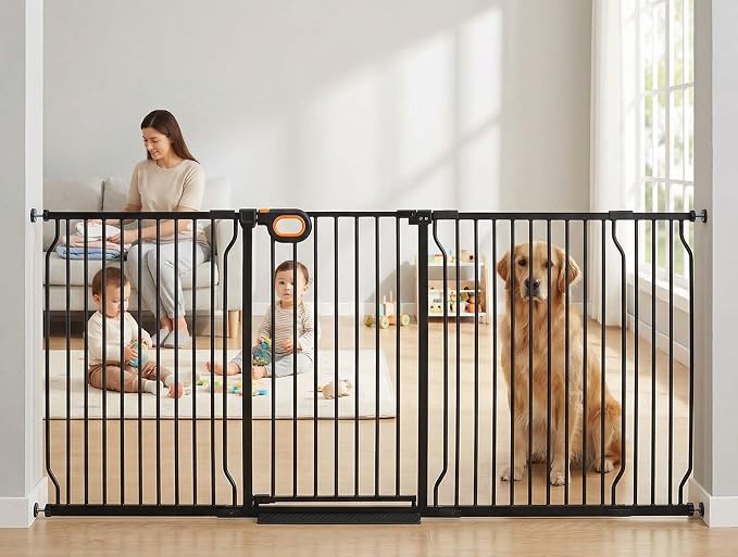 Baby Gates Extra Wide for Doorways 85.5-90.6 Inch Extra Wide Pressure Mounted Baby Dog Gate for the House Indoor Large Openning Metal Safety Gate No Drilling with Walk-Through Door,Black