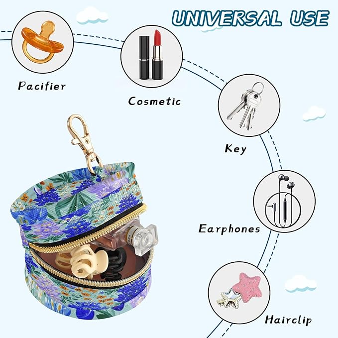 Pacifier Holder with Clip Pacifier Case for Diaper Bag Round Baby Pacifier Pouch Box Bag Portable Turquoise Bluebonnets Small Flowers