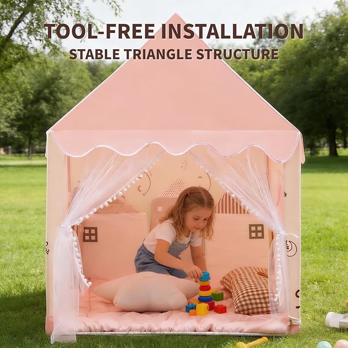 Kids Play Tent Children Tent with Smile Face Design Indoor Outdoor Princess Playhouse with Star Lights Pink Play Tent for Girls Boys Birthday Gift Pink