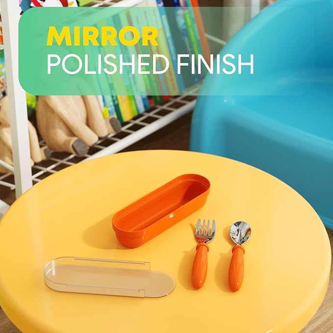 Toddler Utensils, Toddler Forks and Spoons, Baby Stainless Steel Silverware Set with Storage Box for Self Feeding Safe, Dishwasher Safe (2 Set with Case)