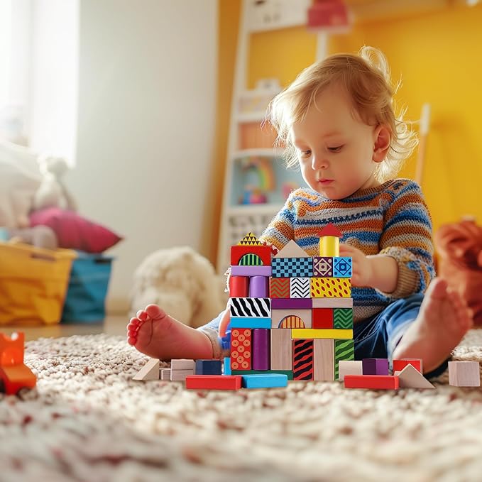 Offelec 50 Pcs Wooden Building Blocks Set with Storage Bucket, Montessori Stacking Blocks & Shape Sorting Toys for Toddlers, Preschool Learning Toys for Boys & Girls, Kids Brightly Colored Blocks