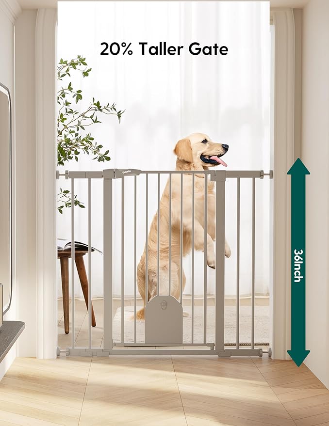 Babelio 36" Tall Auto Close Baby Gate with Cat Door,29-43" Metal Gate for Doorway,Stairs,House,Easy Walk Thru with pet Door,Includes 4 Wall Cups and 3 Extension Pieces,Gray