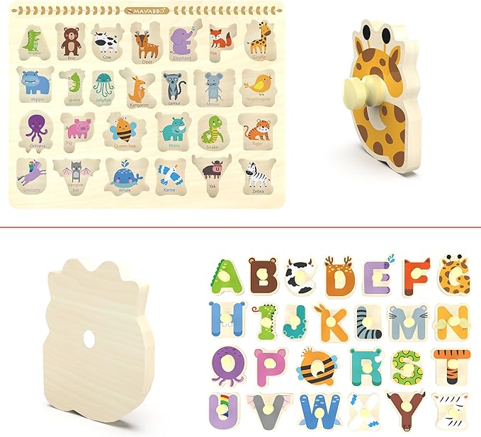 Wooden Peg Puzzles for Toddlers, Baby Puzzles Alphabet Board, Preschool Knob Puzzle