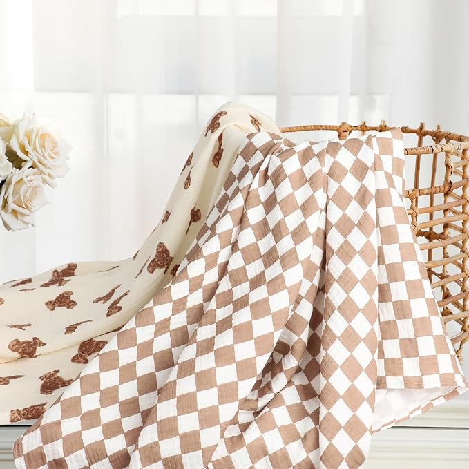insular Muslin Swaddle Blankets for Boys Girls, 2 Pack Receiving Baby Blanket Large 47 x 47 inches, Soft Breathable Swaddling Wrap for Unisex Newborn, Teddy Bear&Checkered
