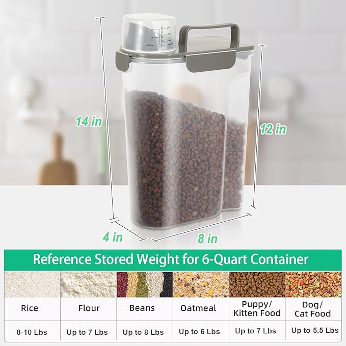 TBMax Airtight Rice Container 10 Lbs, Cereal Dispenser, Pet Cat Dog Food Storage Container, Plastic Kitchen Pantry Food Storage Holder with Cup -Dark Grey