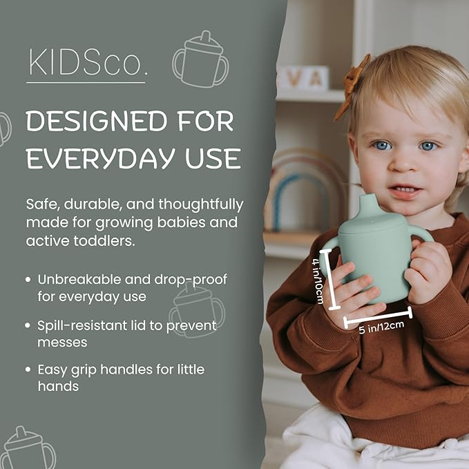 KIDSco. Silicone Sippy Cups (2 Pack) ??Soft Spout & Easy Grip Handles for Babies 6+ months, Plastic Free, Toxic Free Silicone, Leak-Resistant, Dishwasher Safe (Green and Sandy Shore)