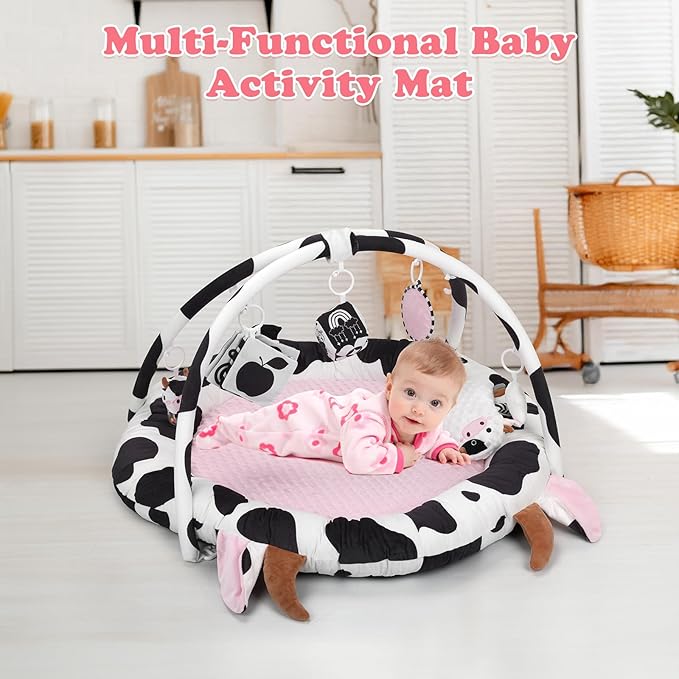 Pink Cow Baby Play Gym & Tummy Time Mat with 6 Sensory Toys - Extra Large Thick Soft Floor Play Mat for Newborn Infants 0-12 Months - Nursery Essential Gift