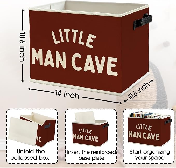 Little Man Cave Boys Storage Bins Box with Handles, Olive Red Boho Collapsible Basket Organizer for Kids Boys Playroom Nursery Room Bedroom Bathroom Toys Books Clothes